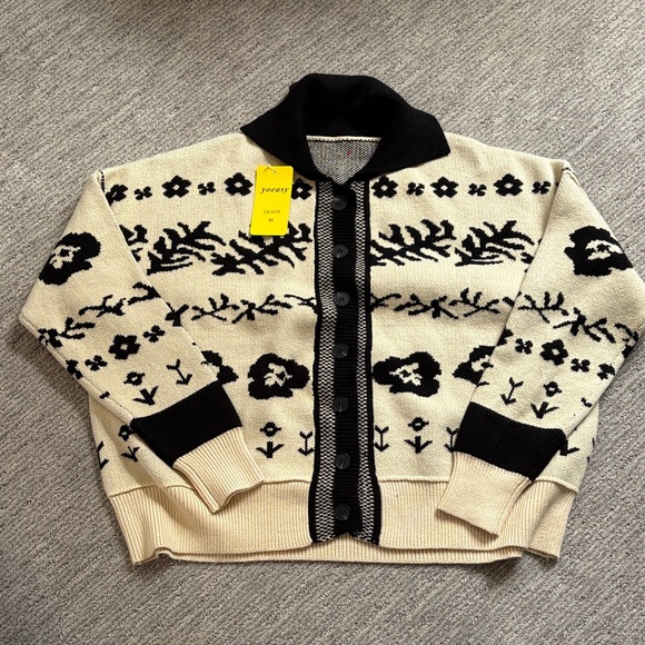yoeasy Sweaters - Beige and Black Floral Women's Cardigan